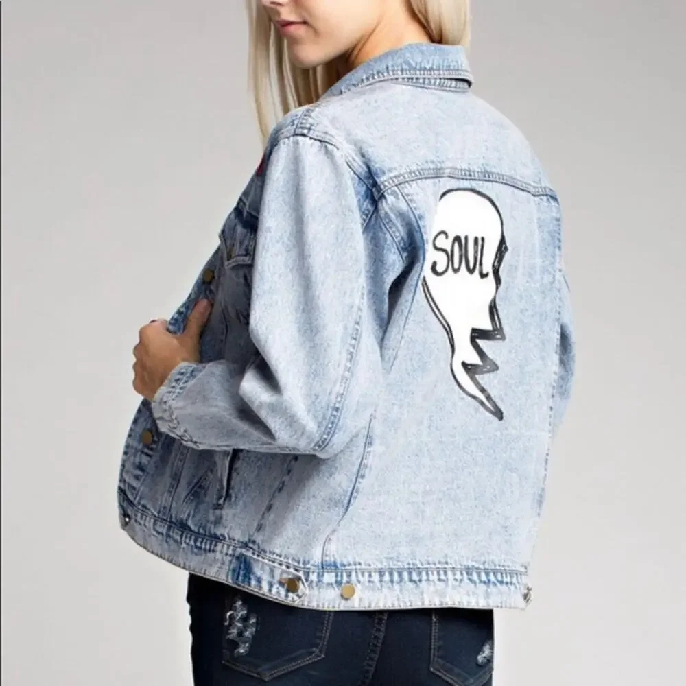 Honey Punch Soul Mates Denim Jacket Blue Patches Festival Concert Boho Size S - Picture 1 of 15